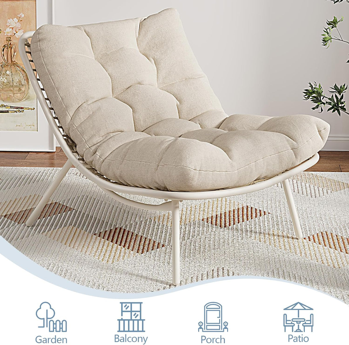 SWITTE Wicker Chaise Lounge Chair, Outdoor Comfy Papasan Recliner with Thick Cushion, Low Seat Patio Rattan Chair for Balcony, Backyard, Poolside - Cream