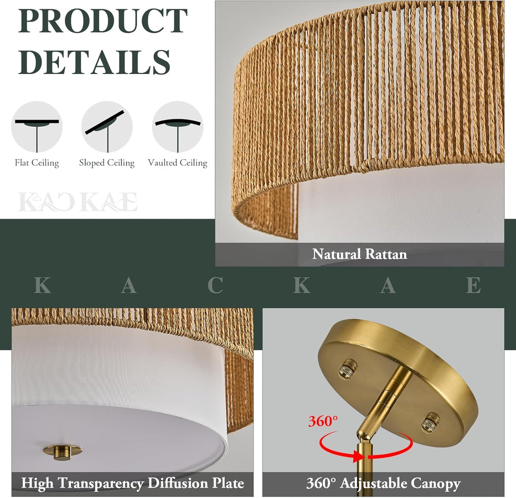 Boho Rattan Chandelier 18'' Gold Hand Woven Chandeliers with Fabric Shade 4-Light Drum Pendant Light Fixture for Dining Room Bedroom Kitchen Hallway Foyer