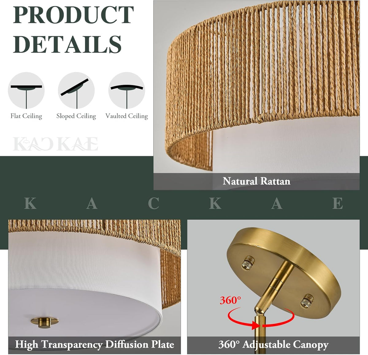 Boho Rattan Chandelier 18'' Gold Hand Woven Chandeliers with Fabric Shade 4-Light Drum Pendant Light Fixture for Dining Room Bedroom Kitchen Hallway Foyer