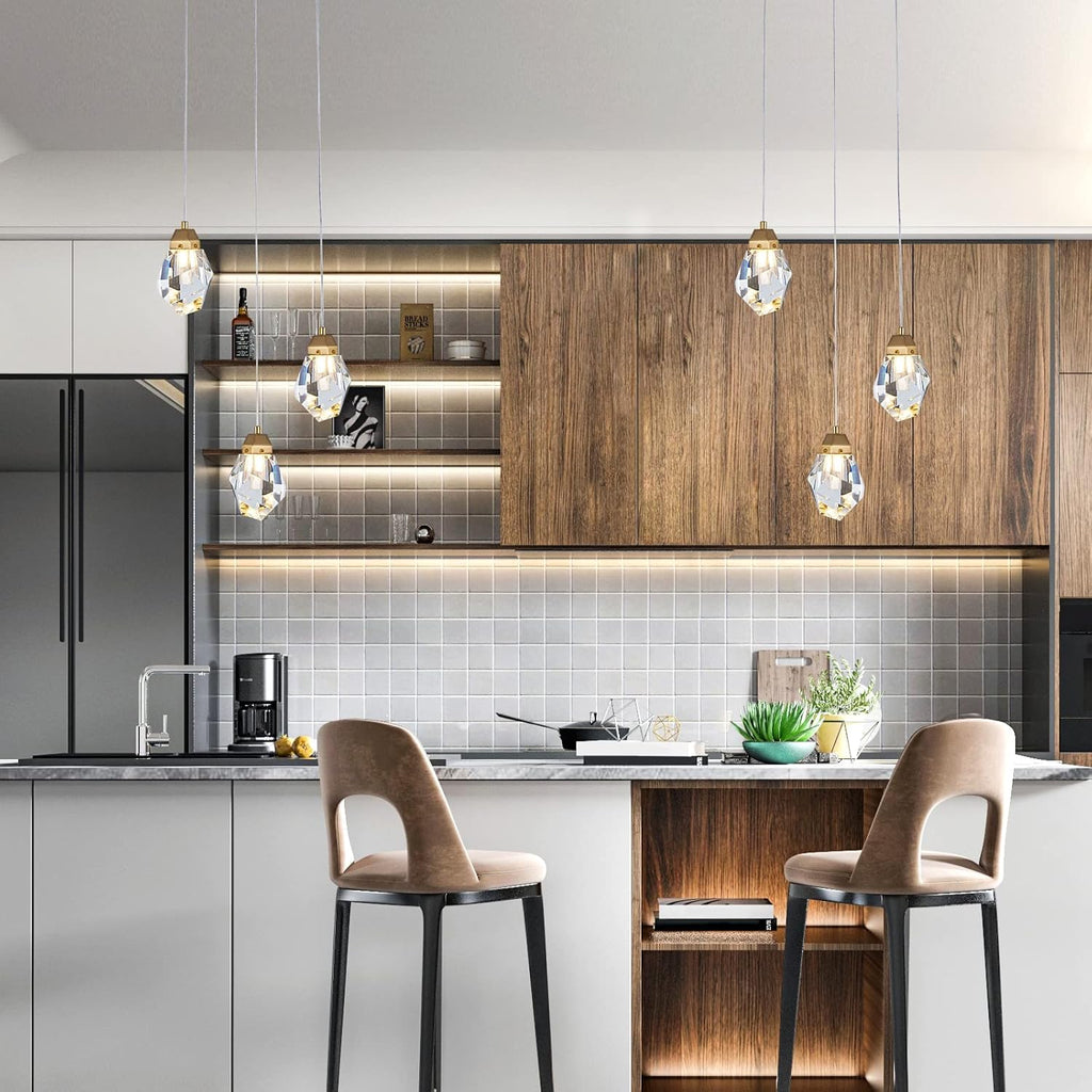 3 Lights Crystal Pendant Light Modern Cluster Chandelier - Dimmable LED Pendant Light Fixture with Brass Teardrop Design - Stylish Lighting for Kitchen Island, Dining Room, Hallway, Bathroom