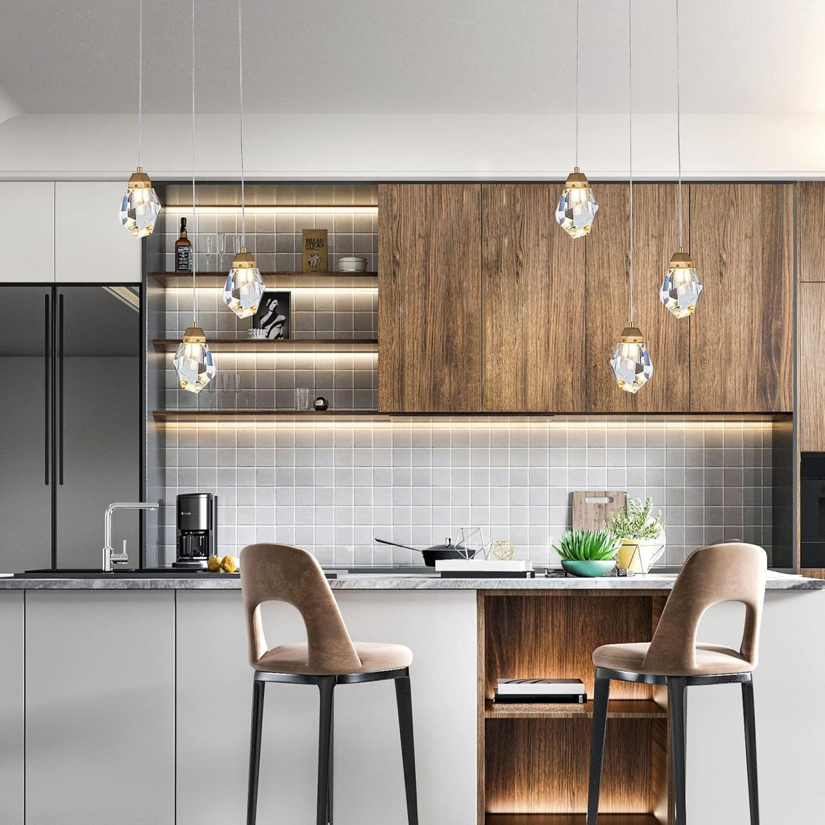 3 Lights Crystal Pendant Light Modern Cluster Chandelier - Dimmable LED Pendant Light Fixture with Brass Teardrop Design - Stylish Lighting for Kitchen Island, Dining Room, Hallway, Bathroom