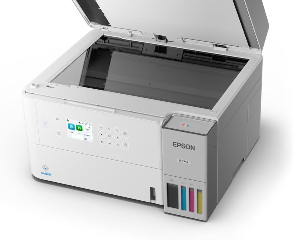 Epson EcoTank ET-3943 Wireless All-in-One Color Supertank Printer, Refillable Tanks, 2.4" Color Display, Auto Document Feeder, Auto Duplex Print/Copy, Scan, 250-Sheet Paper Tray – White