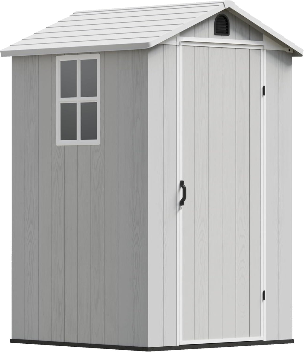 Devoko 4×4 FT Resin Storage Shed with Floor, Plastic Outdoor Garden Shed with Windows and Lockable Doors, Waterproof Outside Tool Sheds for Patio Backyard Lawn, Light Gray