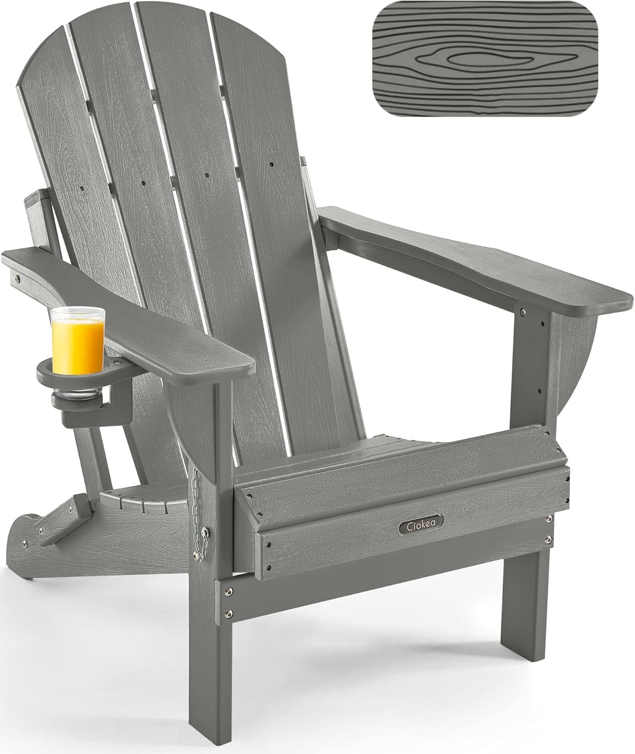 Ciokea Folding Adirondack Chair Wood Texture, Patio Chair Weather Resistant, Plastic Fire Pit Chair with Cup Holder, for Lawn Outdoor Porch Garden Backyard Deck (Grey)