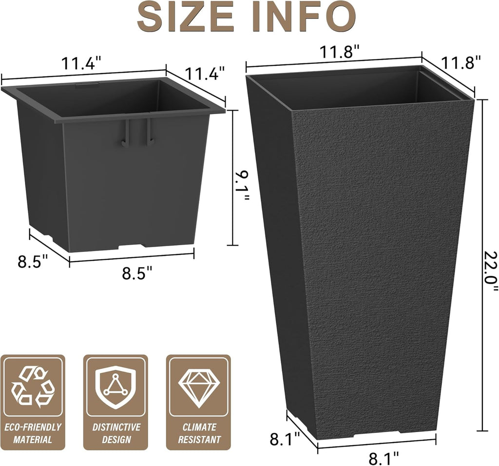 Kante 22 Inch Tall Planter Set of 2, Large Taper Planter for Outdoor Indoor Garden Patio Front Door (Black)