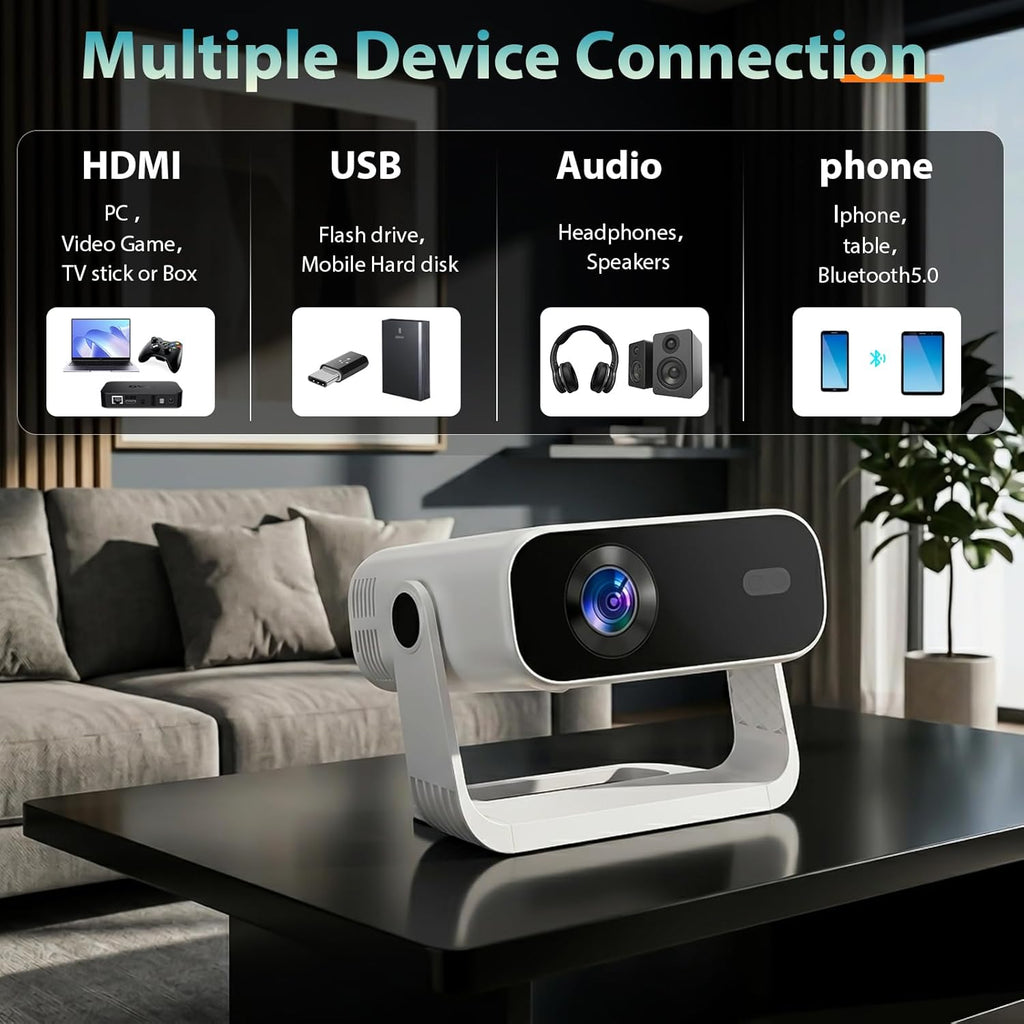 ZDK 1080P Movie Projector for Bedroom: Smooth Grain Free Image Quality with Crisp Details for Family - 360°Rotatable Mini Proyector with Wifi & Bluetooth - 4K Support TV iPhone Airplay - White