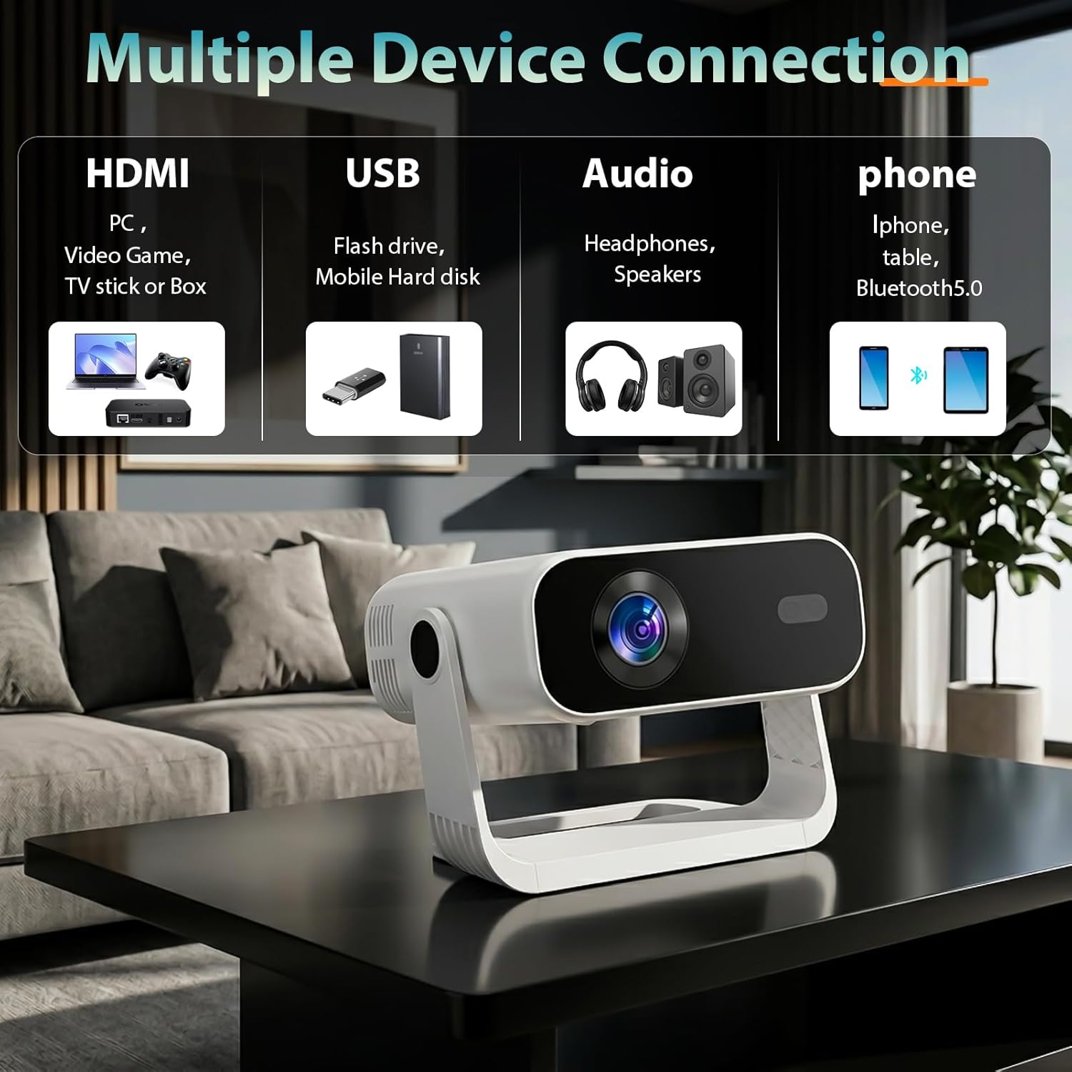 ZDK 1080P Movie Projector for Bedroom: Smooth Grain Free Image Quality with Crisp Details for Family - 360°Rotatable Mini Proyector with Wifi & Bluetooth - 4K Support TV iPhone Airplay - White