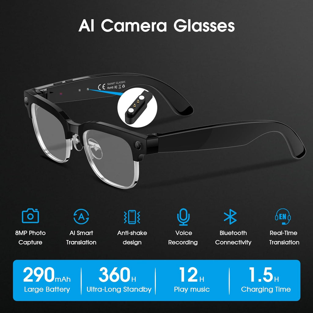 AI Smart Glasses with Camera, 8MP HD Camera Glasses for Men Women, 4K Video Recording Sunglasses with EIS stabilization,AI Object Recognition, 290mAh, Bluetooth Audio Glasses for Work/Baseball/Cycling
