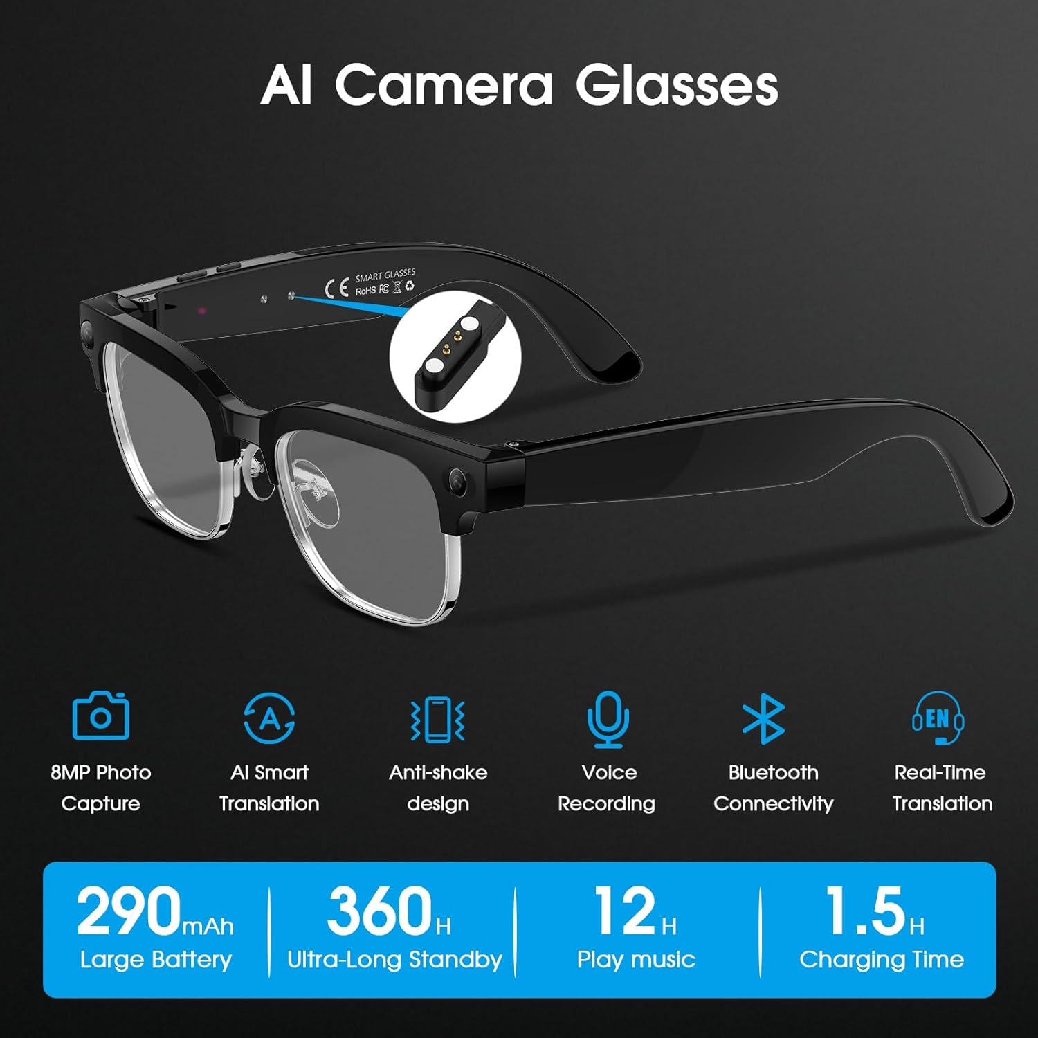 AI Smart Glasses with Camera, 8MP HD Camera Glasses for Men Women, 4K Video Recording Sunglasses with EIS stabilization,AI Object Recognition, 290mAh, Bluetooth Audio Glasses for Work/Baseball/Cycling