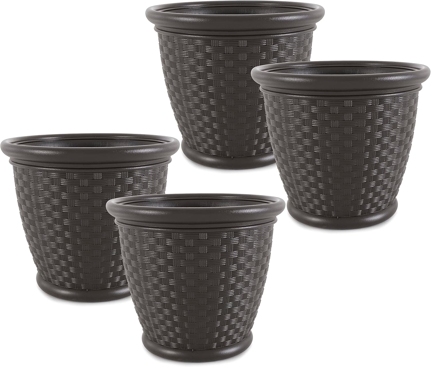 Suncast 4 Pack Sonora 18 Inch Lightweight Durable Plastic Wicker Decorative Flower Planter Pot for Yard, Garden, Indoor or Outdoor Use, Brown