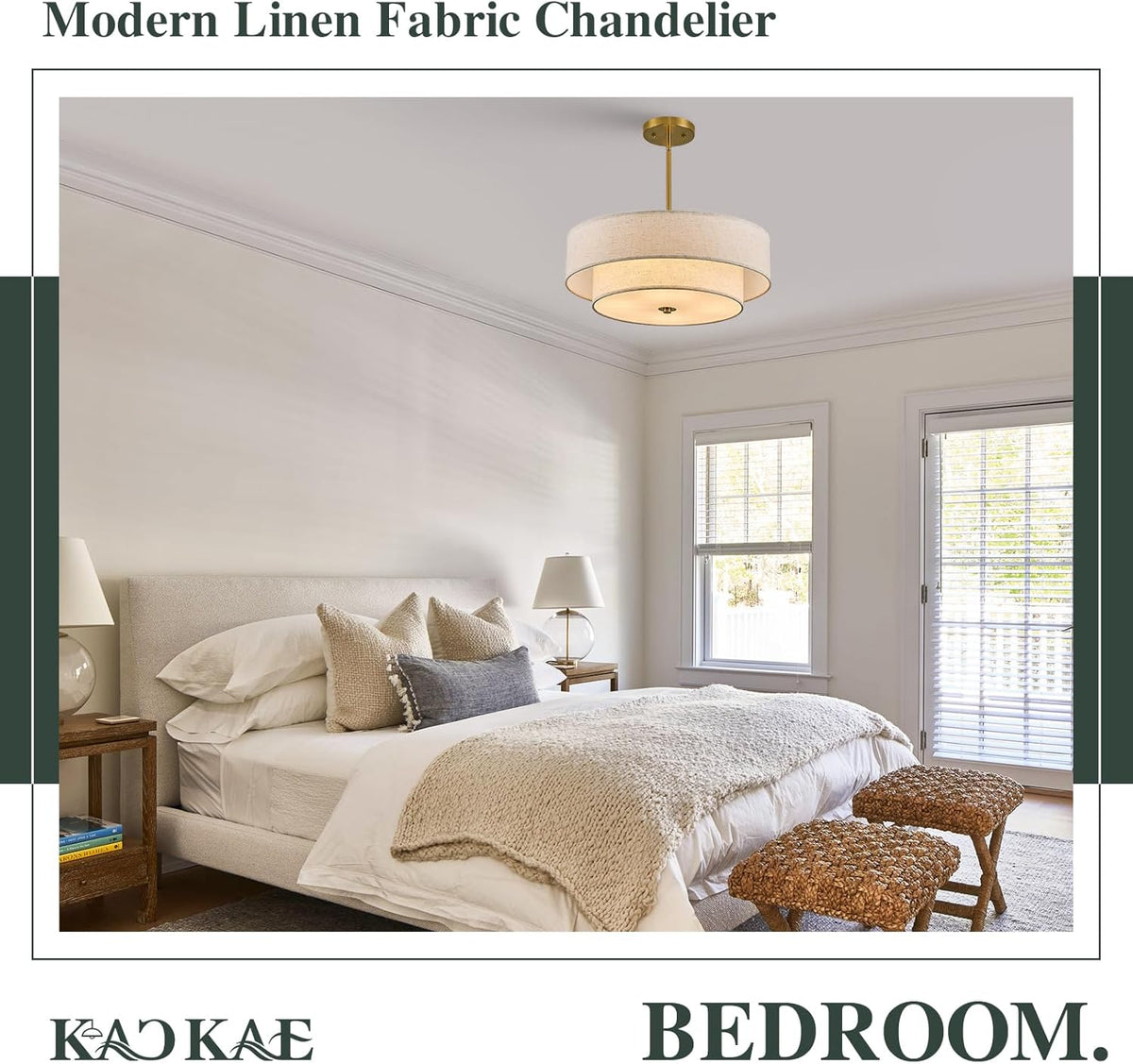 Gold Modern Chandelier 18'' Drum Chandeliers with 2-Layer Fabric Shade 4-Light Linen Pendant Light Fixture for Dining Room Bedroom Kitchen Hallway Foyer
