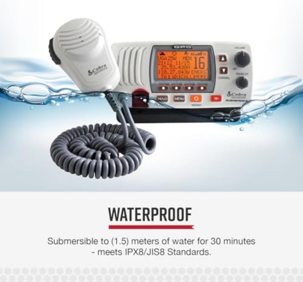 Cobra MR F77W GPS Fixed Mount VHF Marine Radio – 25 Watt VHF, Built-In GPS Receiver, Submersible, LCD Display, Noise Cancelling Mic, NOAA Weather, Signal Strength Meter, Scan Channels, White