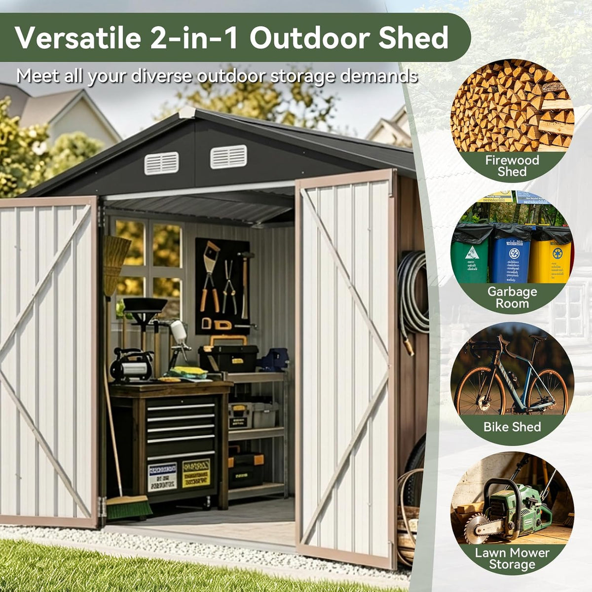 Aoxun 6x10 FT Outdoor Storage Shed Metal Lean to Sheds with Gazebo,Open Firewood Storage,Garden Shed with Lockable Doors,Sloped Roof,Windows, 2 in 1 Large Tool Shed for Patio, Backyard, Lawn