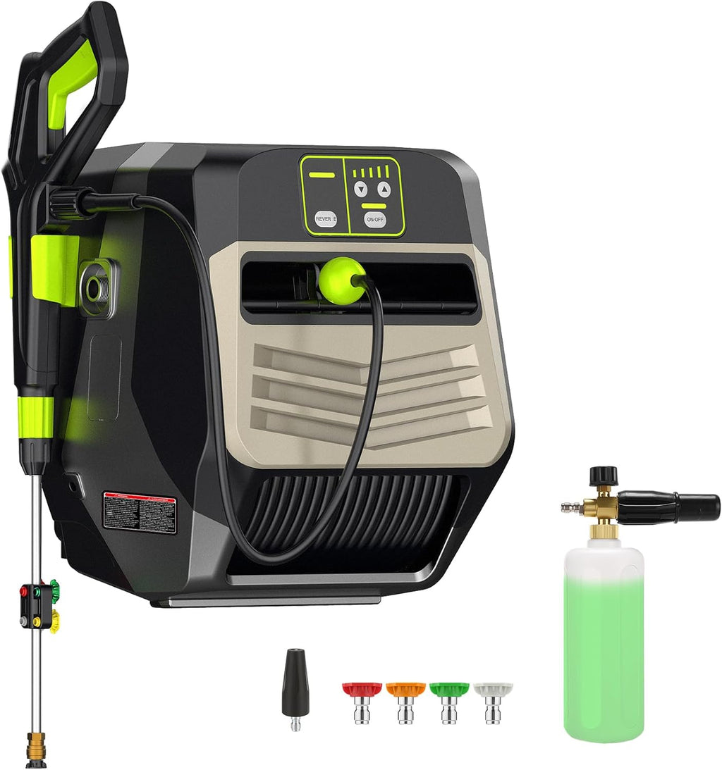 Wall Mounted Pressure Washer 5500 PSI Retractable Pressure Washer with 100ft Auto-Retract Hose, 5 Nozzles and 1L Foam Cannon, Electric Power Washer for Home, Car, Hose Reel, Silver