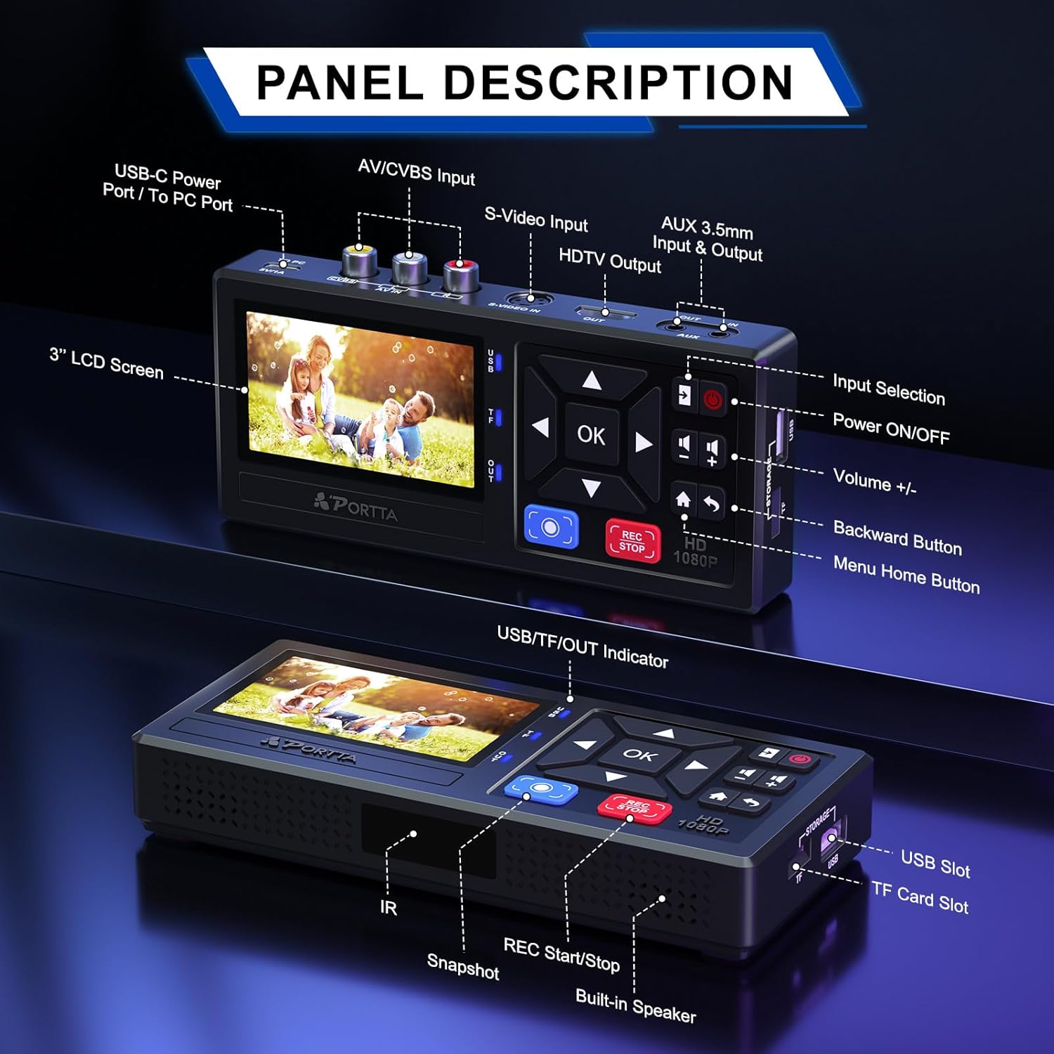Portta VHS to Digital Converter with 128GB USB3.0 Flash Drive, Video to Digital Recorder, Compatible with VHS, VCR, DVR, DVD, Hi8, Mini DV, Gaming Consoles (VCR, VHS/DVD Player, Camcorder Required)
