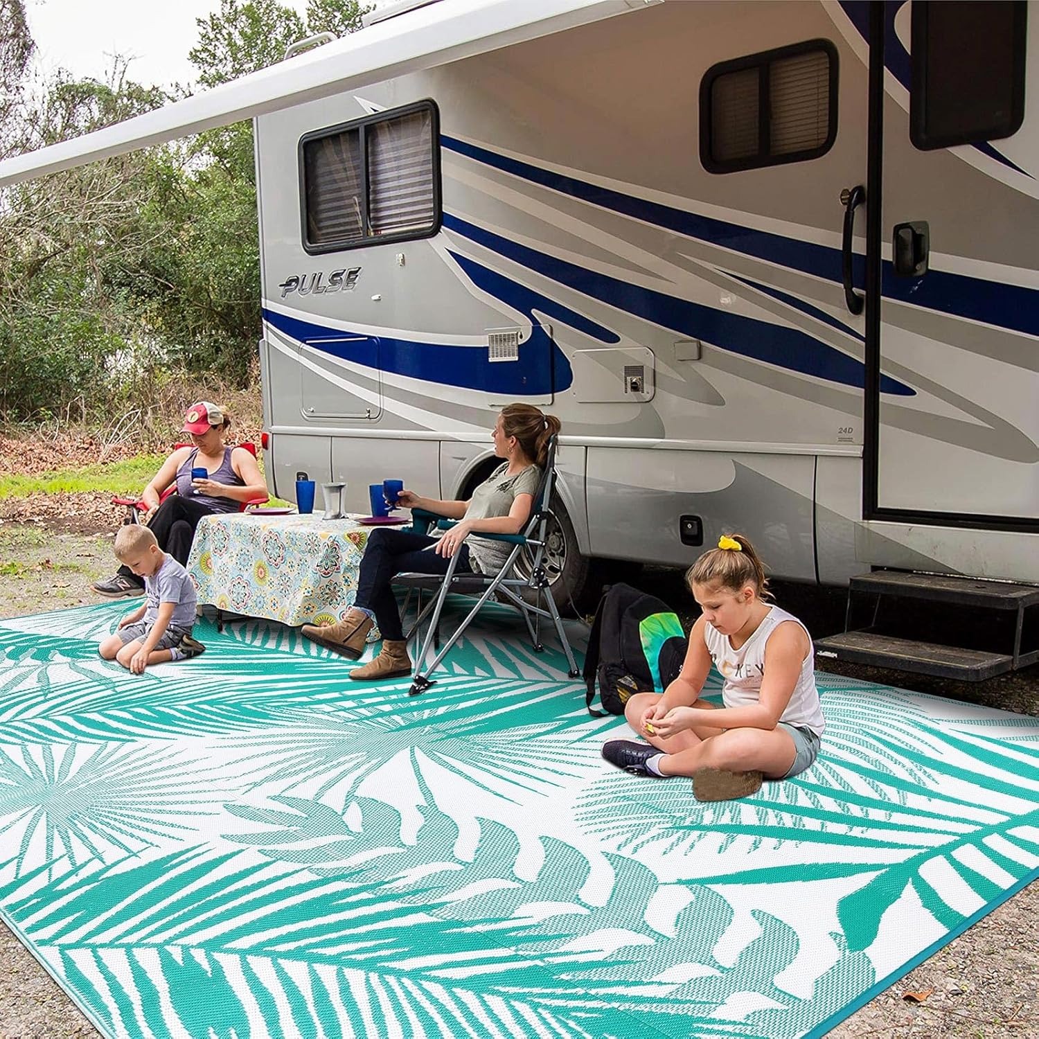 Outdoor Rug Waterproof for Patios Clearance, 10'x14' Quick Drying Outdoor Plastic Straw Rug Camping Carpet, Outside Floor Mats Large Area Rugs for RV,Patio,Deck,Porch, Beach, Balcony,Teal&White