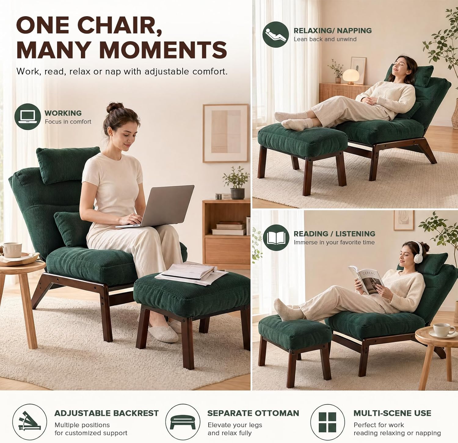 GEMBED Accent Chair with Ottoman Adjustable Backrest, Comfy Lounge Chair Single Sofa with Headrest Lumbar Pillow, Reading Chair with Footrest for Bedroom, Living Room, Garden, Green