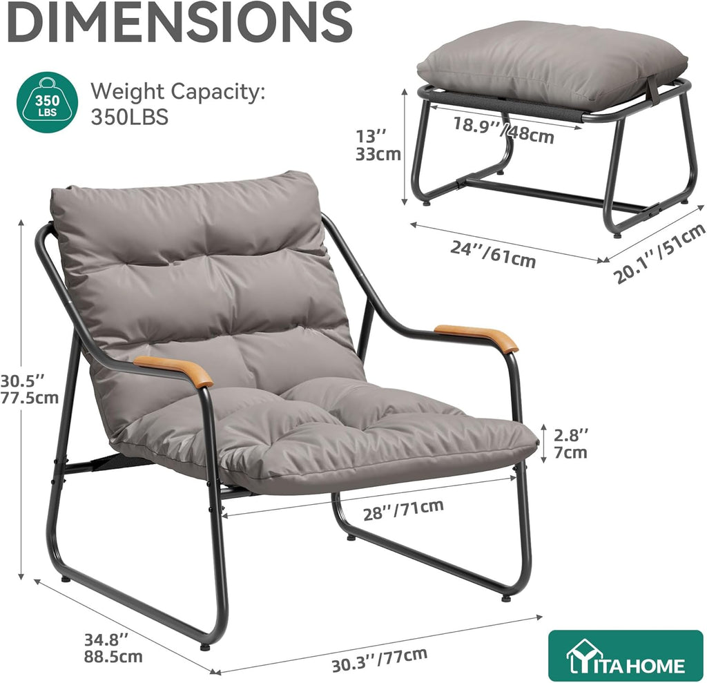 YITAHOME Patio Lounge Chair with Ottoman, Oversized Papasan Chair with Soft Cushion, Indoor/Outdoor Textilene Lounge with Teak Wood Handrail and Footstool for Living Room, Porch, Backyard or Garden