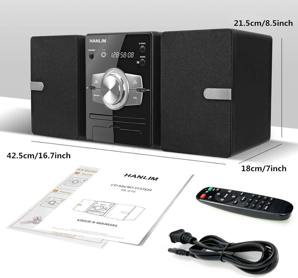 Home Stereo System with CD Player, FM Radio, Bluetooth, AUX in, USB in, Earphone Jack, Remote Control Included, 30W HiFi Shelf Stereo System