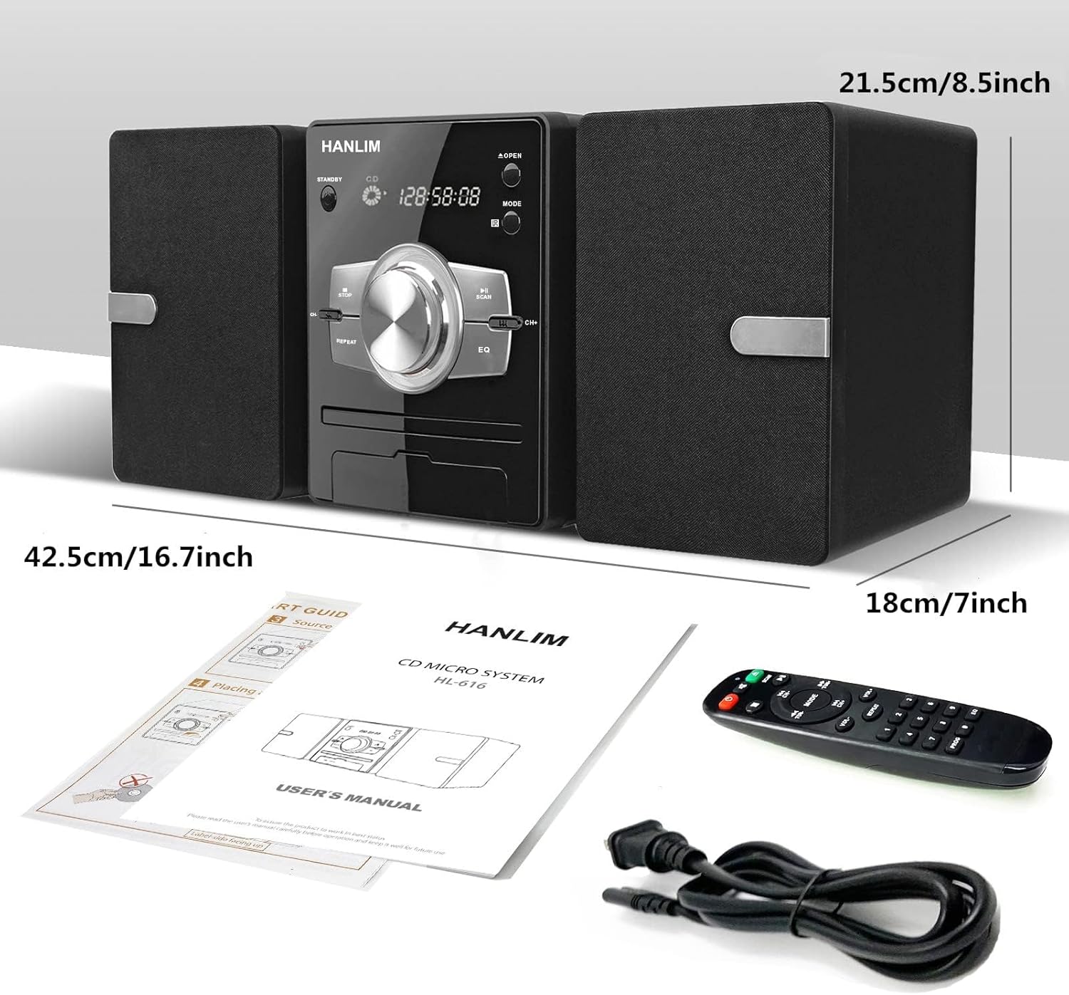 Home Stereo System with CD Player, FM Radio, Bluetooth, AUX in, USB in, Earphone Jack, Remote Control Included, 30W HiFi Shelf Stereo System