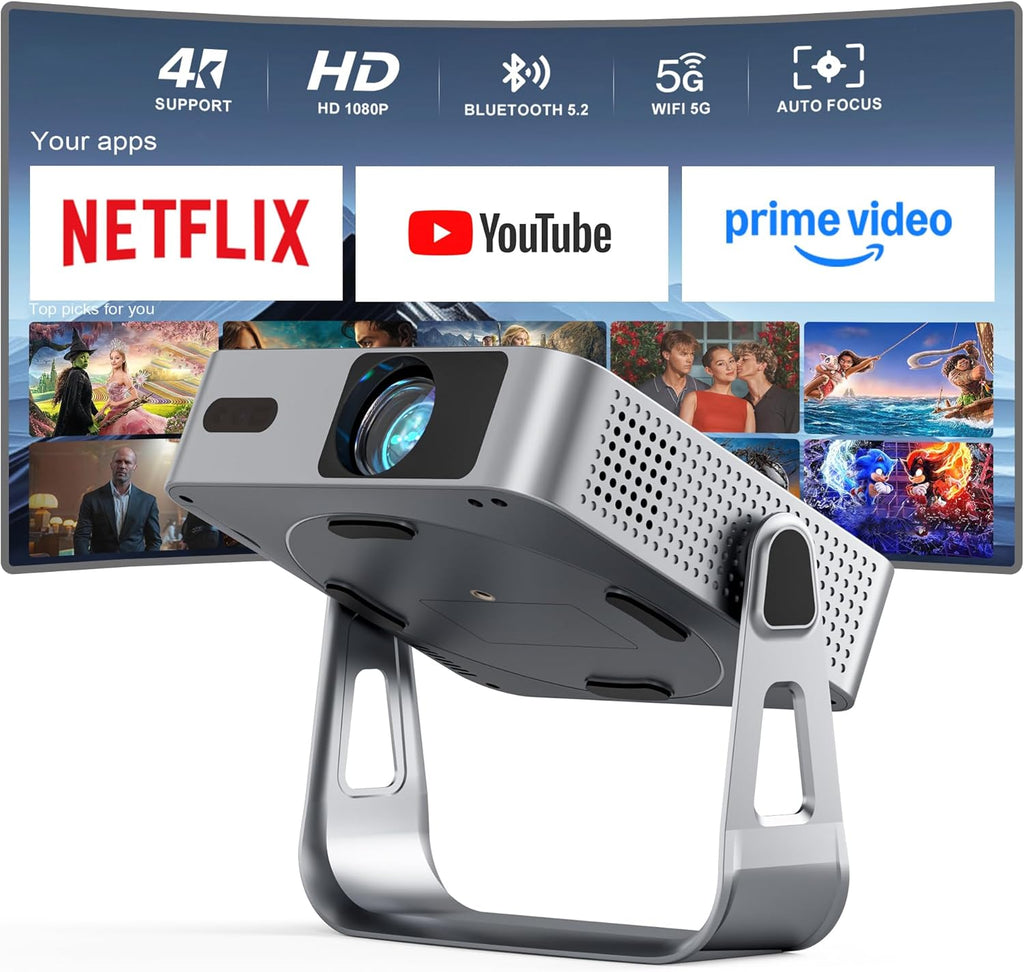 【Officially-Licensed APP & 1800ANSI】 Smart Mini Projector with WiFi and Bluetooth, VISSPL Native 1080P Auto Focus & Keystone Portable Outdoor Projector, 4K Support Home Movie Projector Sliver