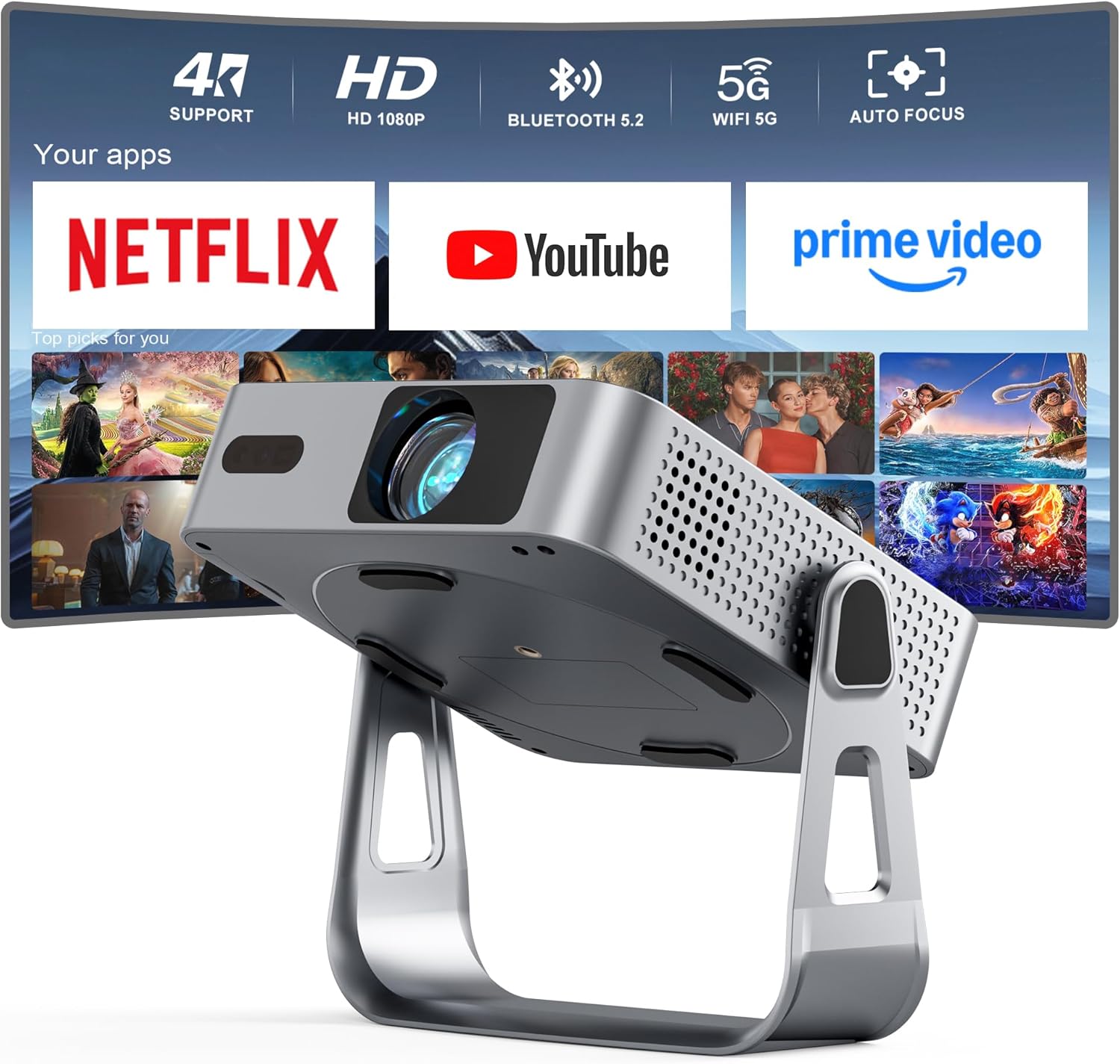 【Officially-Licensed APP & 1800ANSI】 Smart Mini Projector with WiFi and Bluetooth, VISSPL Native 1080P Auto Focus & Keystone Portable Outdoor Projector, 4K Support Home Movie Projector Sliver
