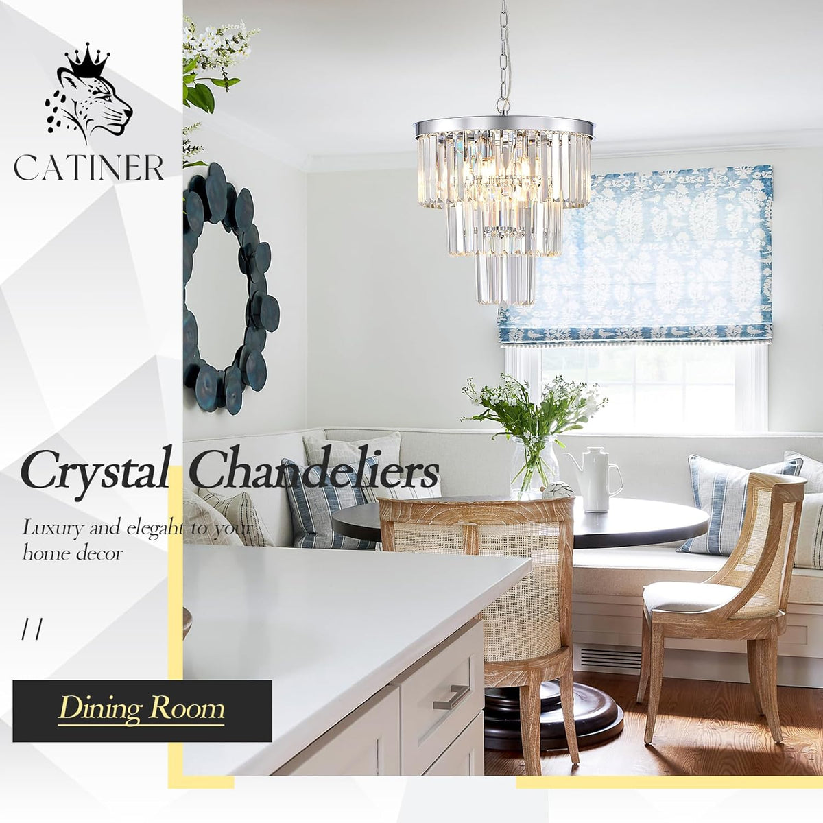 CATINER Modern Chrome Crystal Chandeliers 16" Small Pendant Light Luxury 3 Tiers 6-Light K9 Crystal Ceiling Pendant Round Light Fixture for Dining Room Entryway Kitchen Bedroom Closet