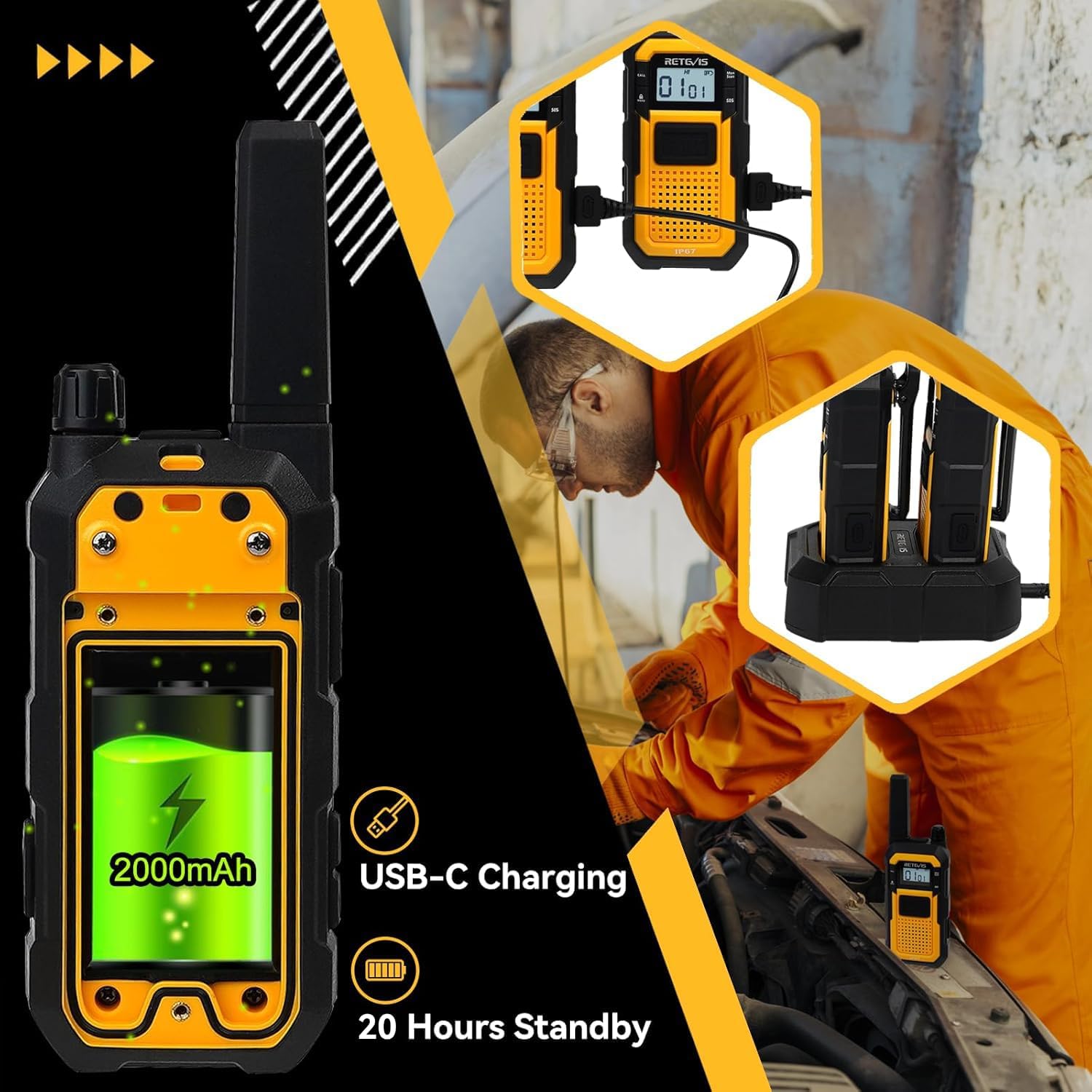 Retevis RB48 Heavy Duty Waterproof Walkie Talkies, Long Range Rechargeable Two Way Radios, Advanced Triple Proof, Vibration Reminder, for Warehousing Construction Contractor(10 Pack)
