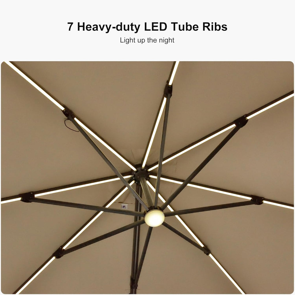 PURPLE LEAF 10 Feet Patio Umbrella Outdoor Cantilever Solar Powered LED Square Umbrella Aluminum Offset Umbrella with 360-degree Rotation for Garden Deck Pool Patio, Beige