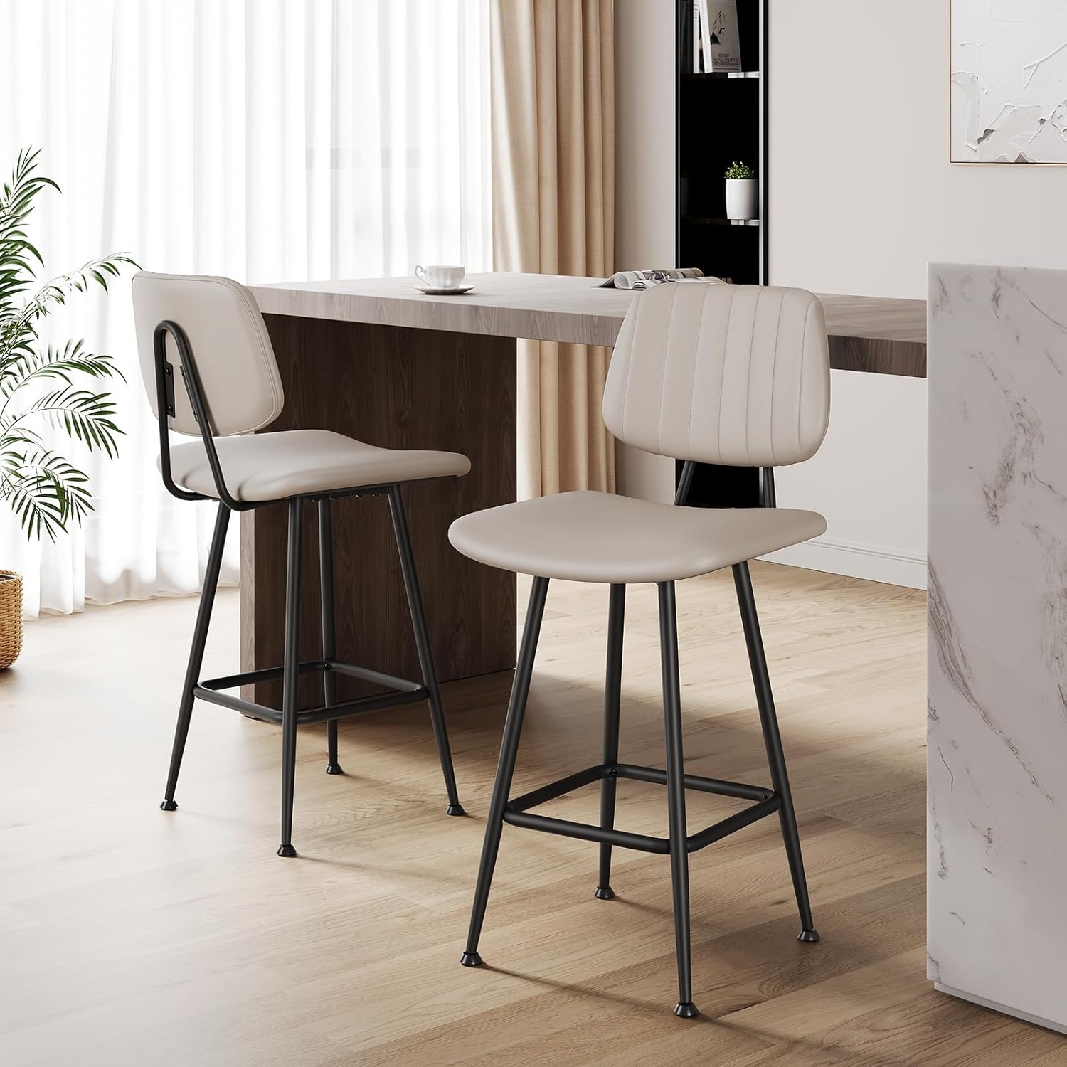 Raynesys 24-Inch Leather Bar Stools Set of 3, Counter Height Barstools with High Backrest .Bar Chairs for Kitchen Island with Heavy Duty Metal Base, Beige
