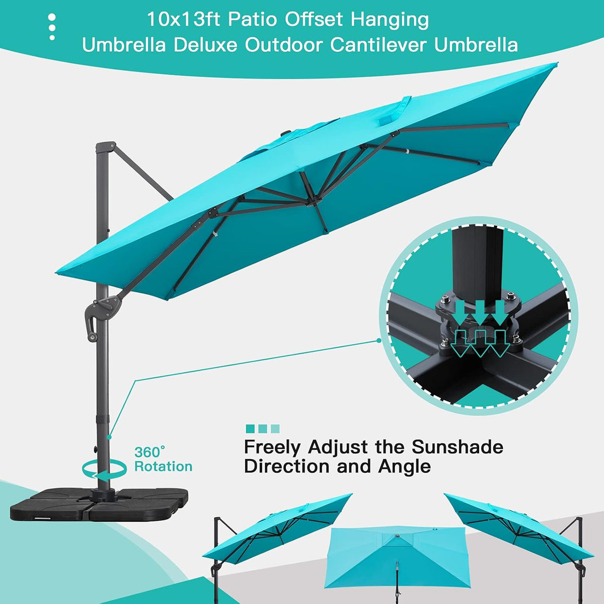 Sunnyglade 10x13Ft Cantilever Patio Umbrella Rectangular Deluxe Offset Umbrella 360°Rotation & Integrated Tilting System Patio Hanging Umbrella for Market Garden Deck Pool Backyard Patio(Blue)