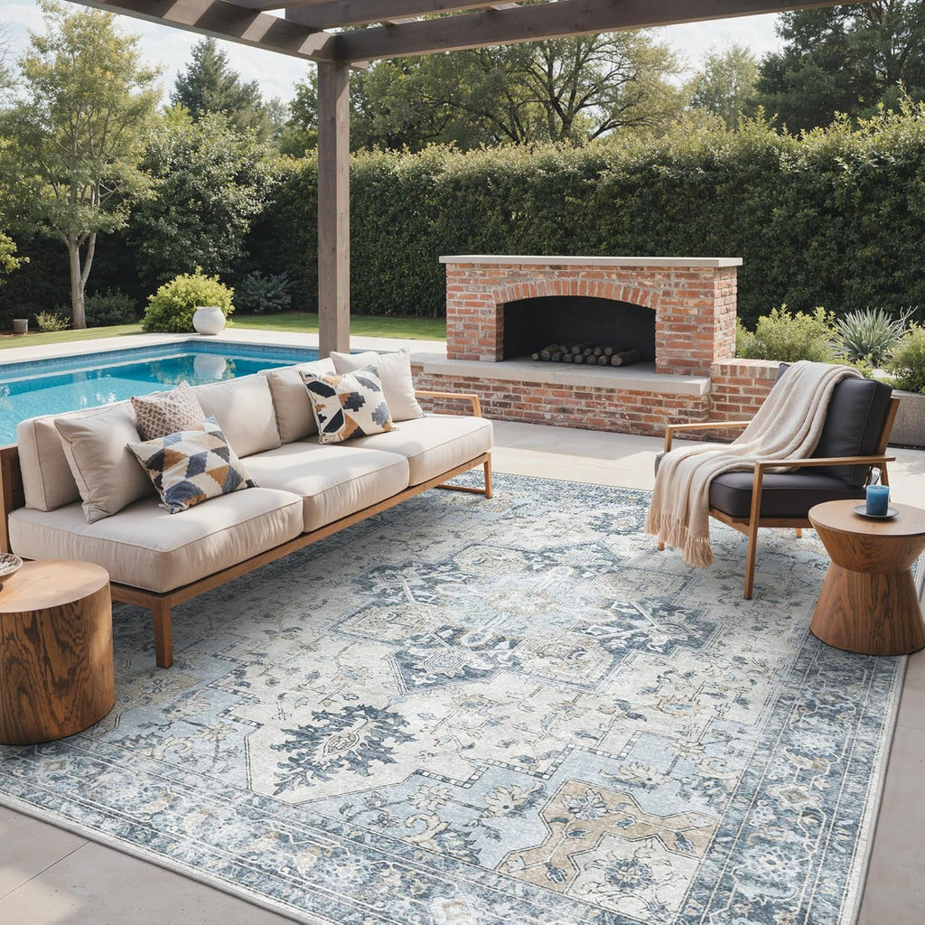 GENIMO Outdoor & Indoor Area Rug 8'x10', Waterproof, Non-Shedding, Easy Cleaning, Boho Mat for Patio, Living Room, Balcony, Dining Room, RV, Deck, Bedroom, Camping, Outside Carpet,Blue