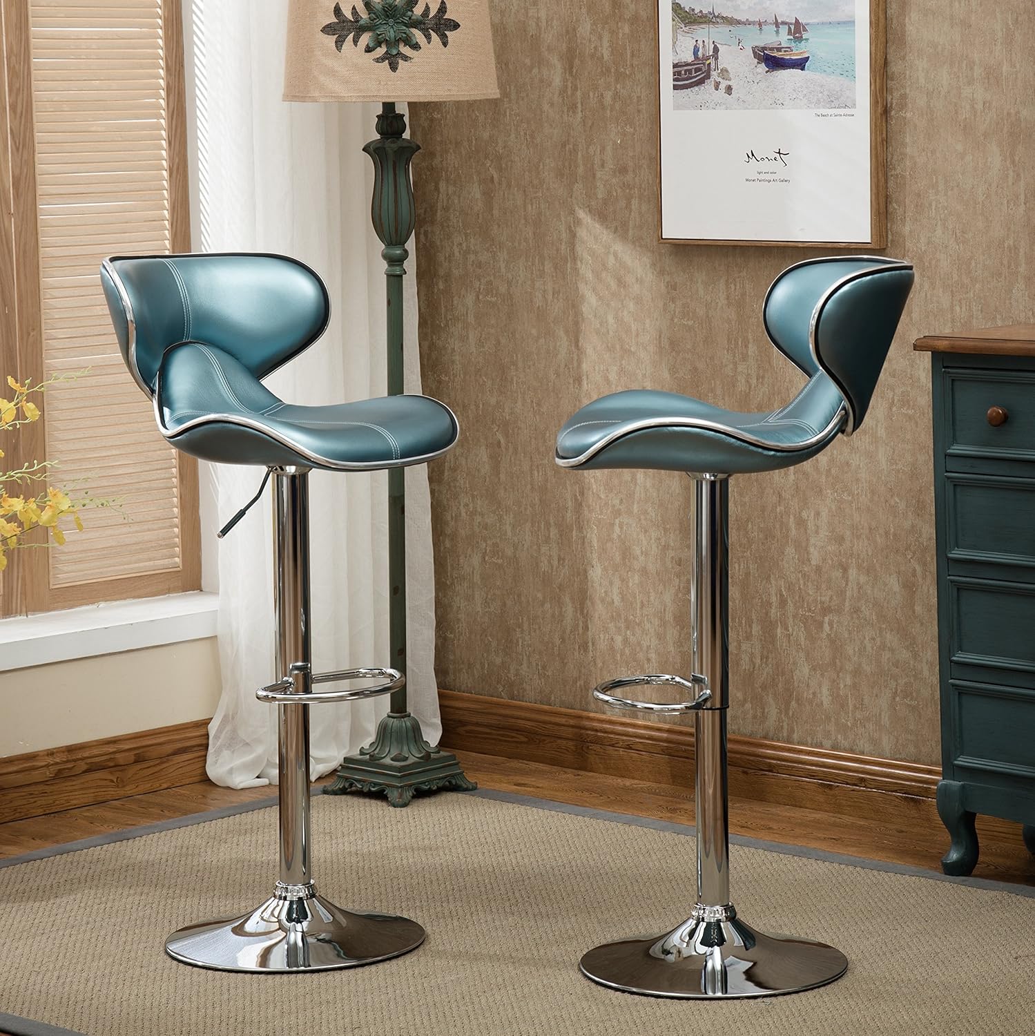 Roundhill Furniture Masaccio Cushioned Leatherette Upholstery Airlift Adjustable Swivel Barstool with Chrome Base, Set of 2, Blue