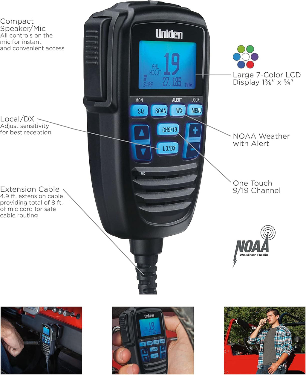 Uniden CMX760 Bearcat Off Road Series Compact Mobile CB Radio, 40-Channel Operation, Ultra-Compact for Easy Mounting, Large 7-Color Backlit LCD Display on Mic with Built-in Speaker Mic, Black