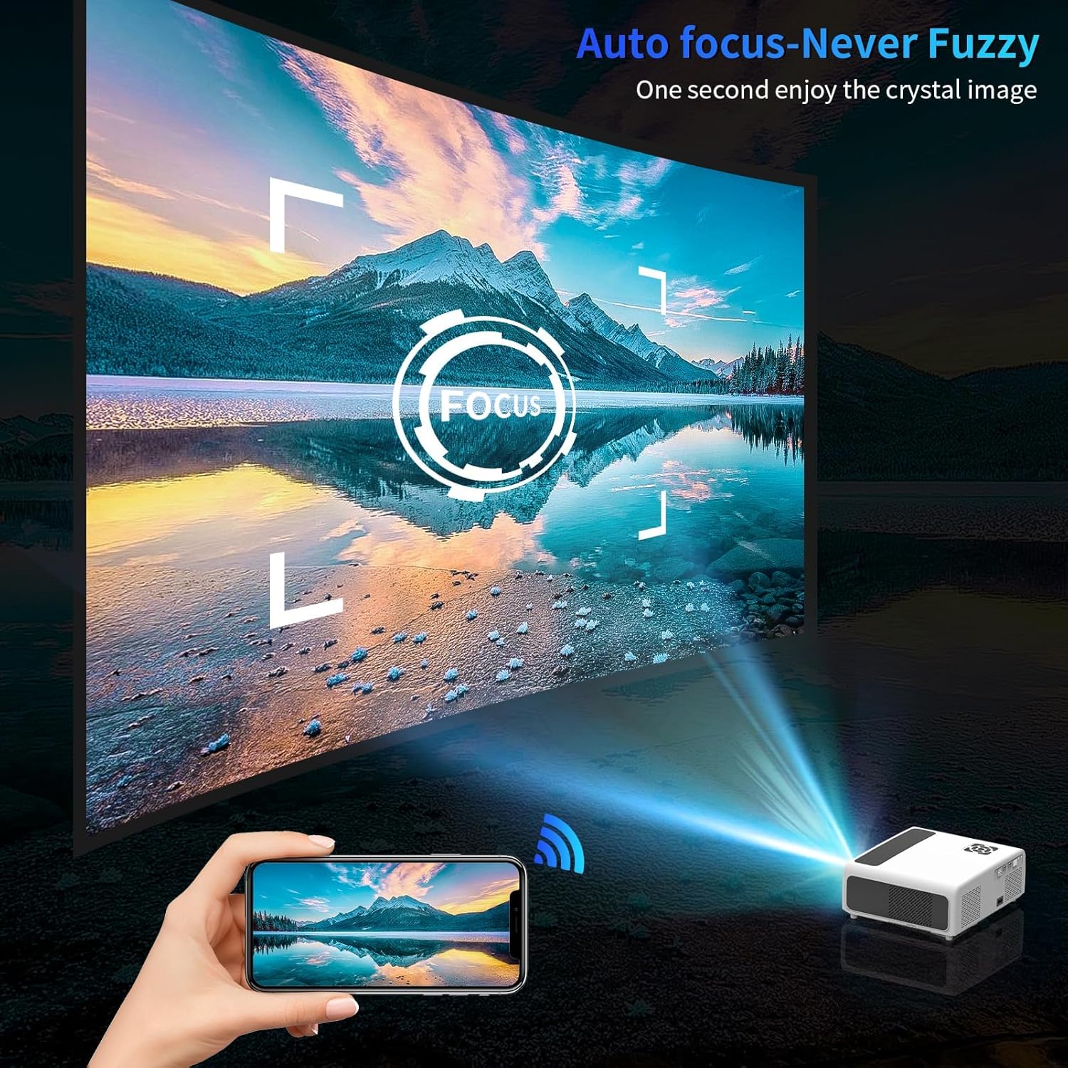 2000 ANSI Auto Focus  FHD 4K Outdoor Projector with WiFi and Bluetooth,4K Movie Projector, Auto Keystone 50% Zoom,30W Speaker,Dust-Proof,Home Theater Projector 4K+ for Phone/TV Sticks/PC/USB