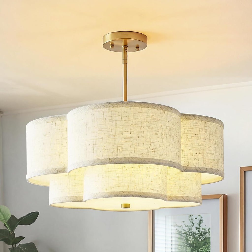 18" Chandelier, 3-Light Gold Pendant Light Fixtures with Dual Layer Linen Shade in Quatrefoil Shape, Double Drum Chandeliers for Dining Room Kitchen Living Room Bedroom, AD-22007-3P-GD-B