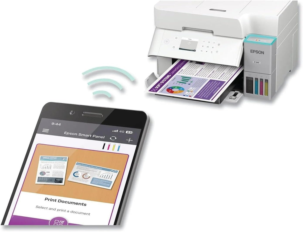 Epson EcoTank ET-3943 Wireless All-in-One Color Supertank Printer, Refillable Tanks, 2.4" Color Display, Auto Document Feeder, Auto Duplex Print/Copy, Scan, 250-Sheet Paper Tray – White