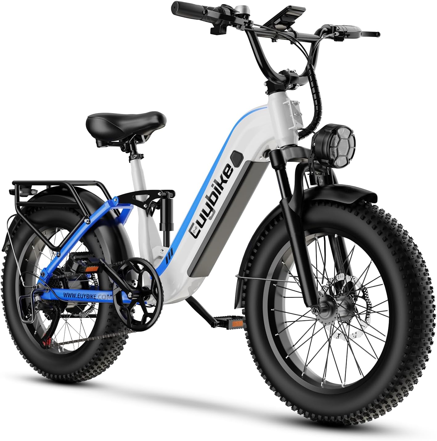 EUYBIKE Electric Bike for Adults 1400W Peak, 48V 20AH(960WH) Removable Battery, 20"x4" Fat Tire Full Suspension 80 Miles Range Step-Thru Hunting Ebike, 7-Speed Dual Brakes Electric Bicycle