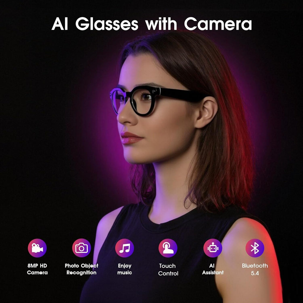 AI Smart Glasses with Camera 4K, 8MP HD Recording Glasses with Open-Ear Sound, Real-Time Translation, Smart Wearable Tech & AI Assistant, Video Recording Glasses with Bluetooth for Life & Travel