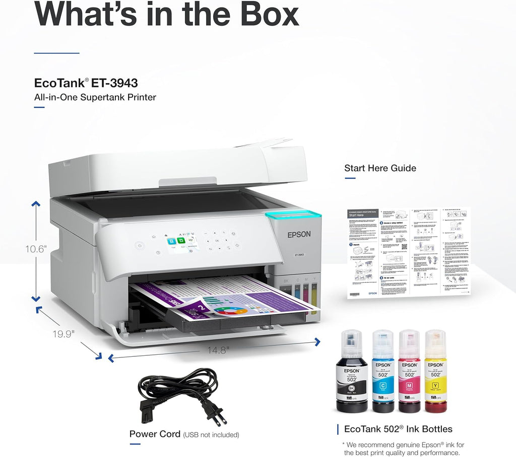 Epson EcoTank ET-3943 Wireless All-in-One Color Supertank Printer, Refillable Tanks, 2.4" Color Display, Auto Document Feeder, Auto Duplex Print/Copy, Scan, 250-Sheet Paper Tray – White