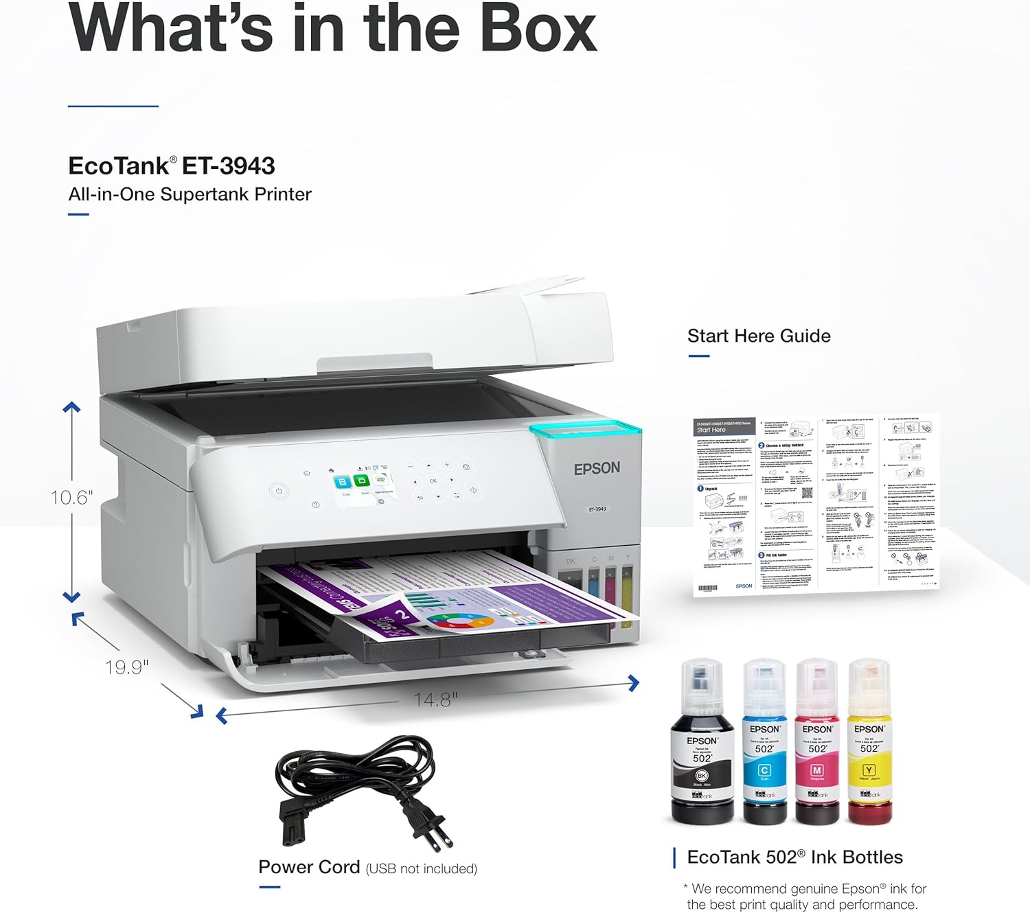Epson EcoTank ET-3943 Wireless All-in-One Color Supertank Printer, Refillable Tanks, 2.4" Color Display, Auto Document Feeder, Auto Duplex Print/Copy, Scan, 250-Sheet Paper Tray – White