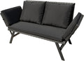 Greesum Outdoor Sofa, Woven Rattan Patio Furniture, Convertible Daybed or Double Chair with Adjustable Armrests, Cushions and Pillows for Yard, Porch, Pool, Black Lounger & Black Pillowcase