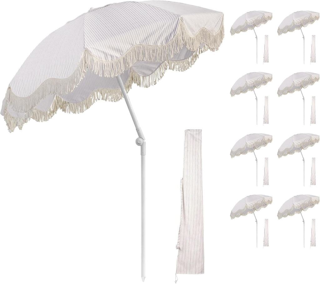 LAGarden Ocean Windproof 6Ft Outdoor Fringe Umbrella Tilting Beach Umbrellas for Sand Portable with Carry Bag Patio Yard Picnic Table Garden Lawn Deck Wedding Pool Party Event