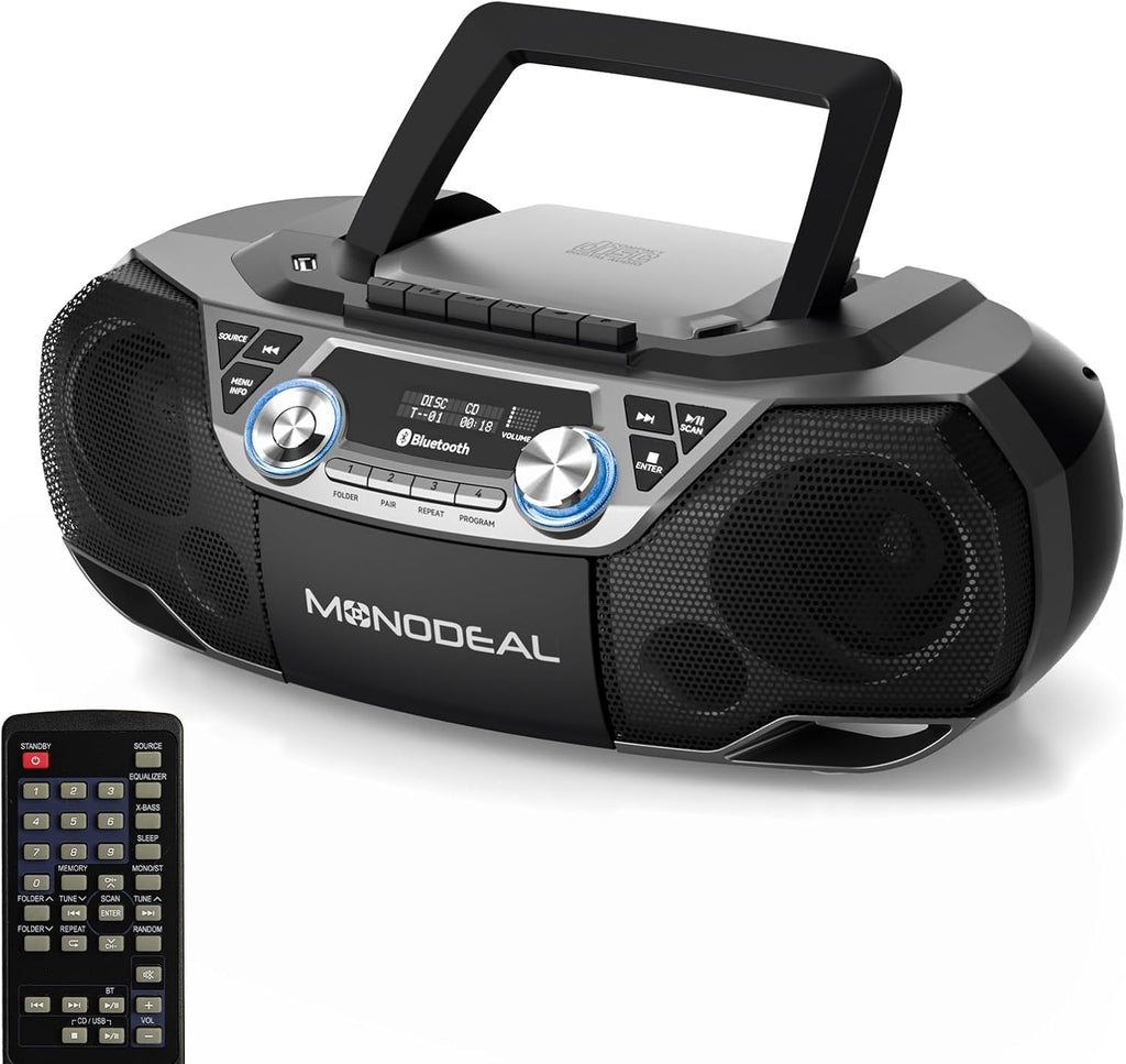 MONODEAL CD Player & Cassette Tape Player with Bluetooth, Powerful Stereo CD Player Boombox with X-BASS,CD and Cassette Player Combo,FM/USB/AUX & Remote, Tape Recording, Sleep Timer, AC/DC Powered
