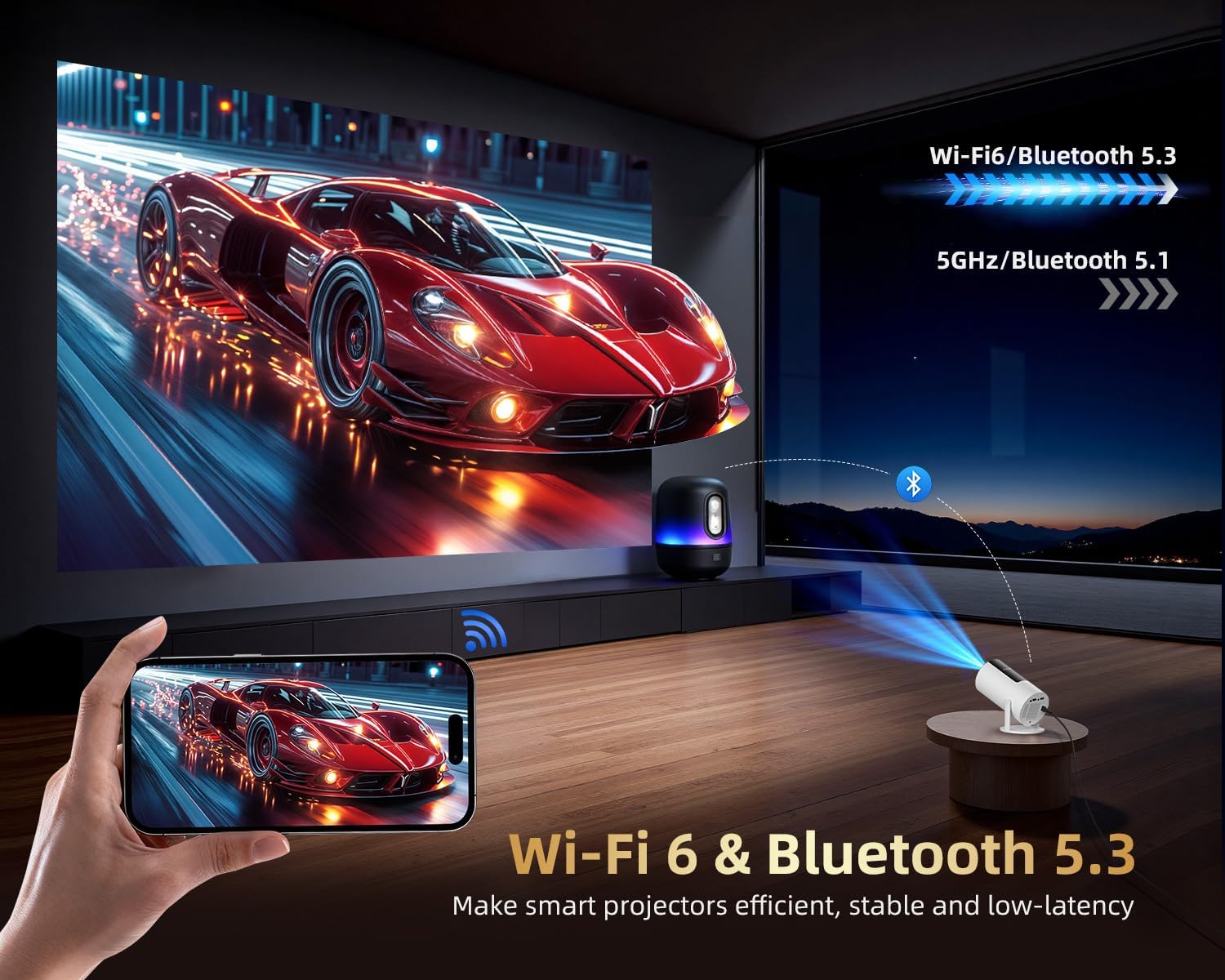 320ANSI/Google Store/Voice Control Smart Projector with WiFi and Bluetooth, 10,000+ Apps, Pericat 4K UHD Home Theater Portable Mini Movie Projector, Indoor & Outdoor Use 180° & Netflix-Compatible