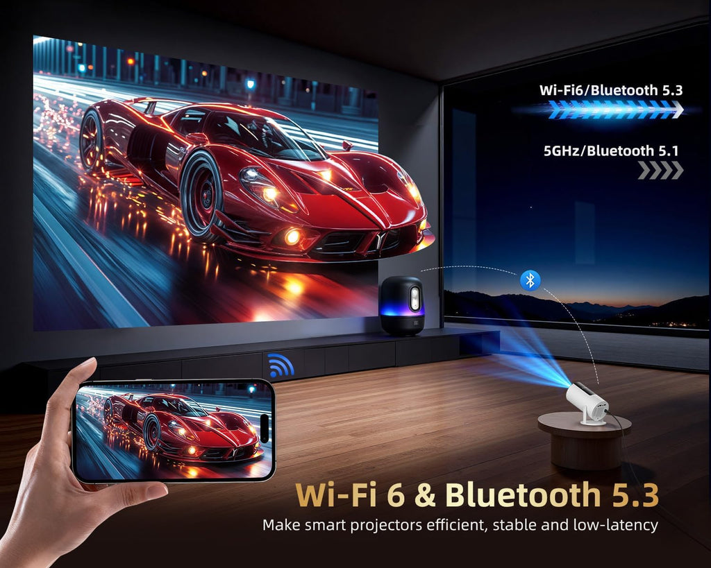 320ANSI/Google Store/Voice Control Smart Projector with WiFi and Bluetooth, 10,000+ Apps, Pericat 4K UHD Home Theater Portable Mini Movie Projector, Indoor & Outdoor Use 180° & Netflix-Compatible