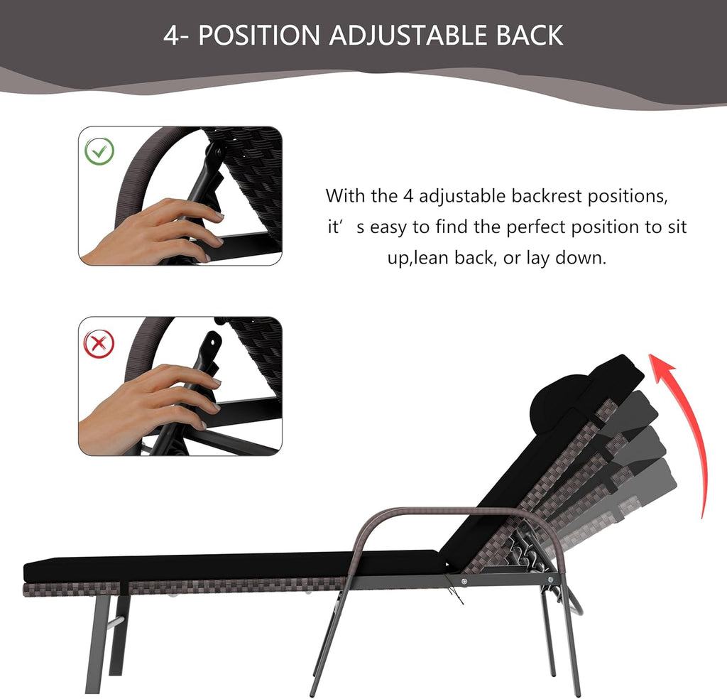 Patio Chaise Lounge Set 3 Pieces Outdoor Lounge Chair with Rattan Adjustable Backrest Armrest and Folding Table for Beach Patio,Sand, for Poolside Backyard Porch