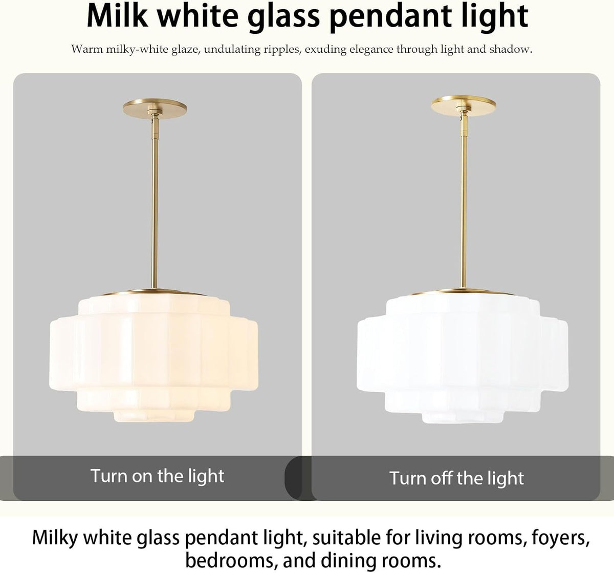 Vintage Milk Glass Pendant Lights, 15.7" White Pleated Glass Chandelier, Semi-Flush Mount Ceiling Light for Bedroom, Foyer, Living Room, Bar Counter, E12 Bulb Included (White, 15.7)