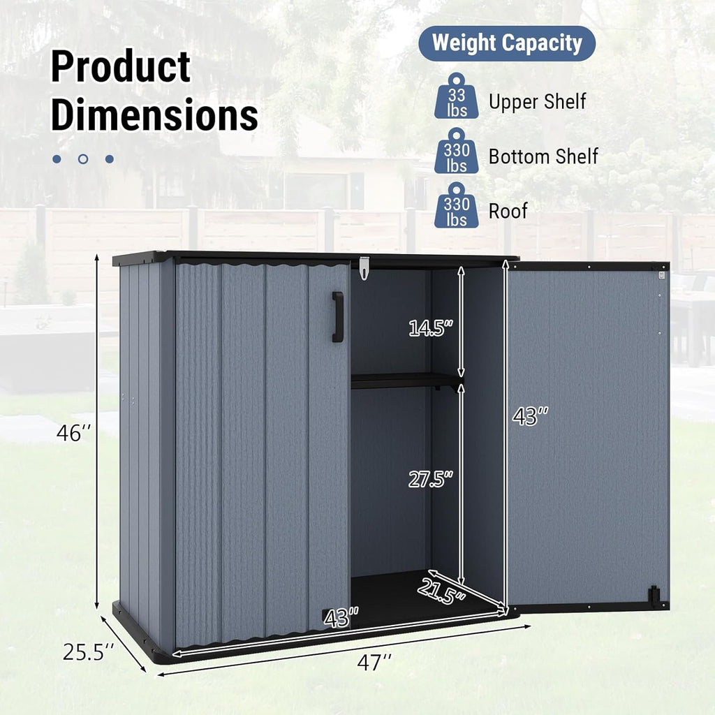Tangkula 23.5 Cu.ft Outdoor Storage Shed, All-Weather Resin Patio Storage Box with Floor, Lockable Door & Removable Shelf, Waterproof Deck Box for Garden Tools