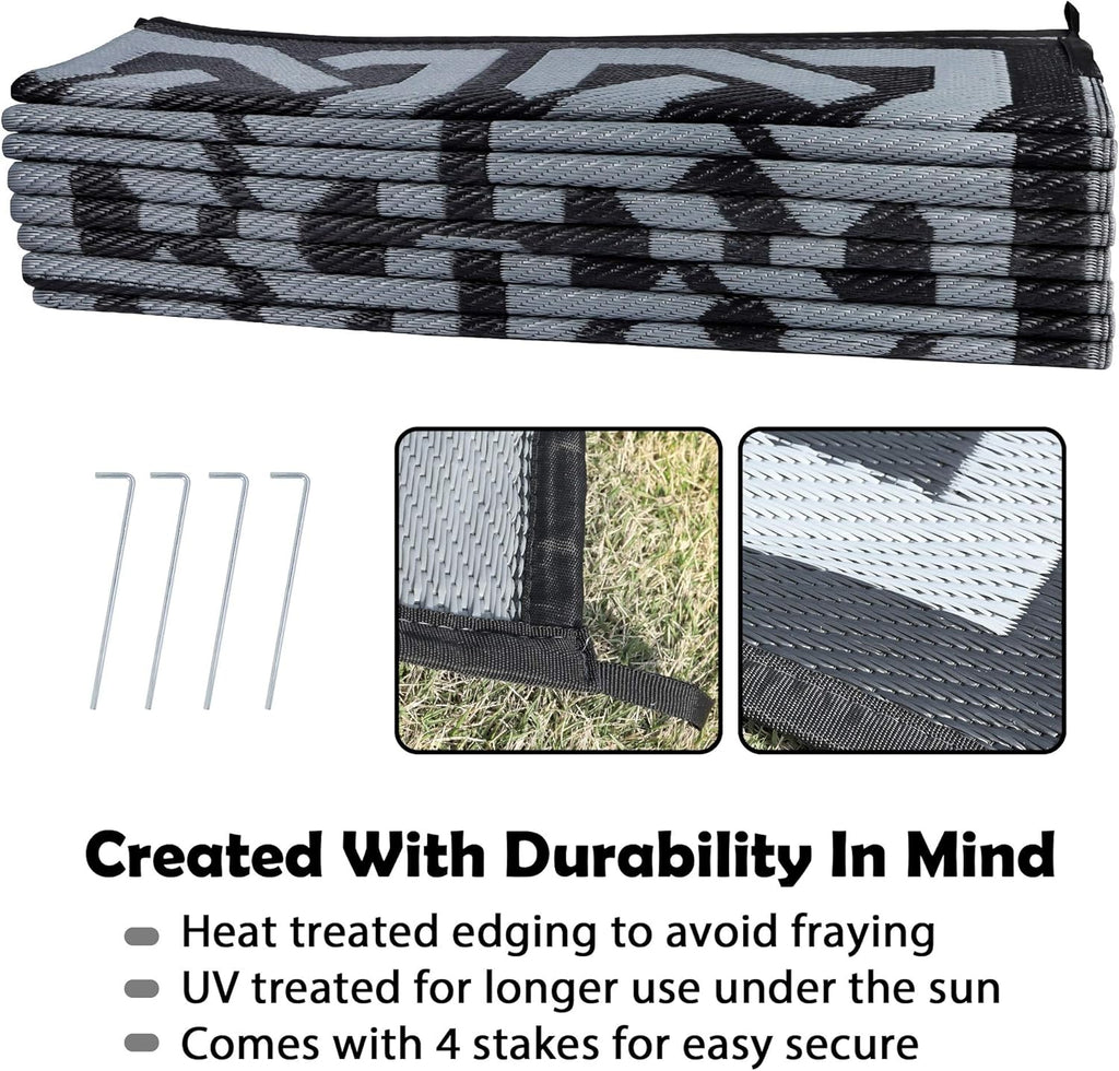 SAND MINE Reversible Mats, Plastic Straw Rug, Modern Area Rug, Large Floor Mat Rug for Outdoors, RV, Patio, Backyard, Deck, Picnic, Beach, Trailer, Camping (9' x 18', Black & Grey)